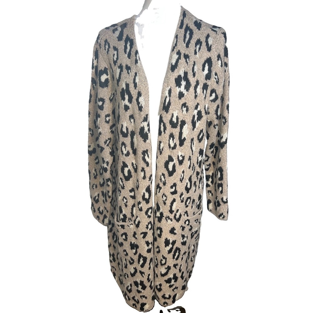 NINE WEST Jacquard Long Cozy Cardigan Open Front Pocketed Leopard Print Size XXL